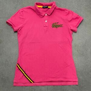 Lacoste Pink Short Sleeve Polo with Yellow & Black Croc and Hem Stripe